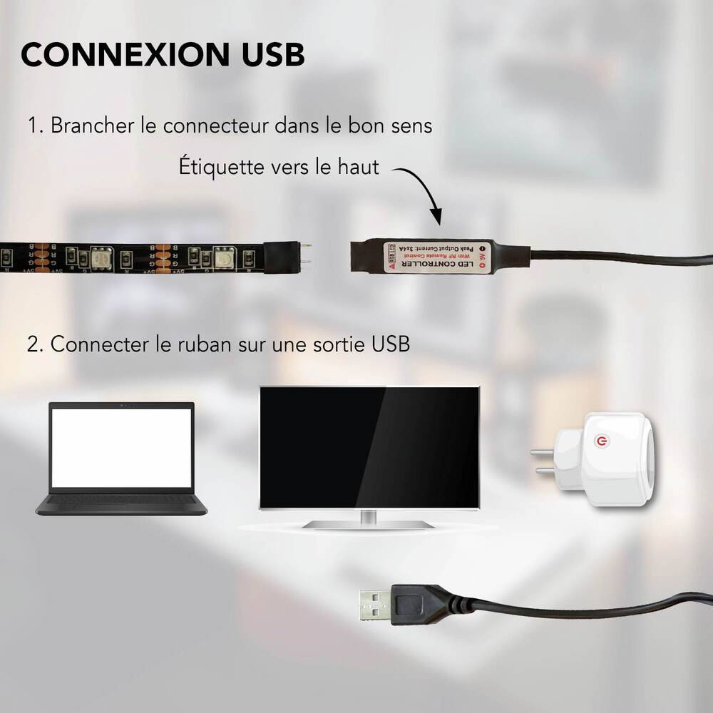 Ruban LED multicouleur connectable USB, 12W, 600 lumens, long. 2m, découpable, avec télécommande, adhésif - Tibelec-1