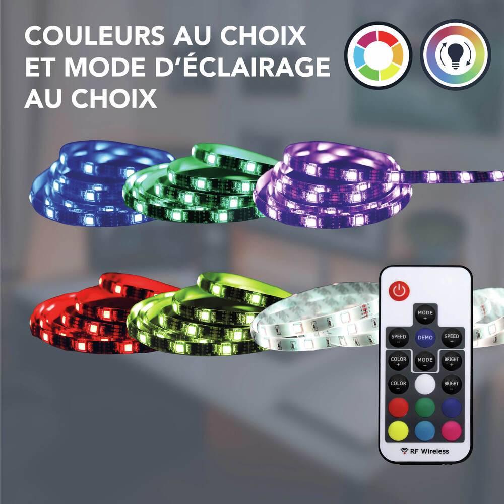 Ruban LED multicouleur connectable USB, 12W, 600 lumens, long. 2m, découpable, avec télécommande, adhésif - Tibelec-2