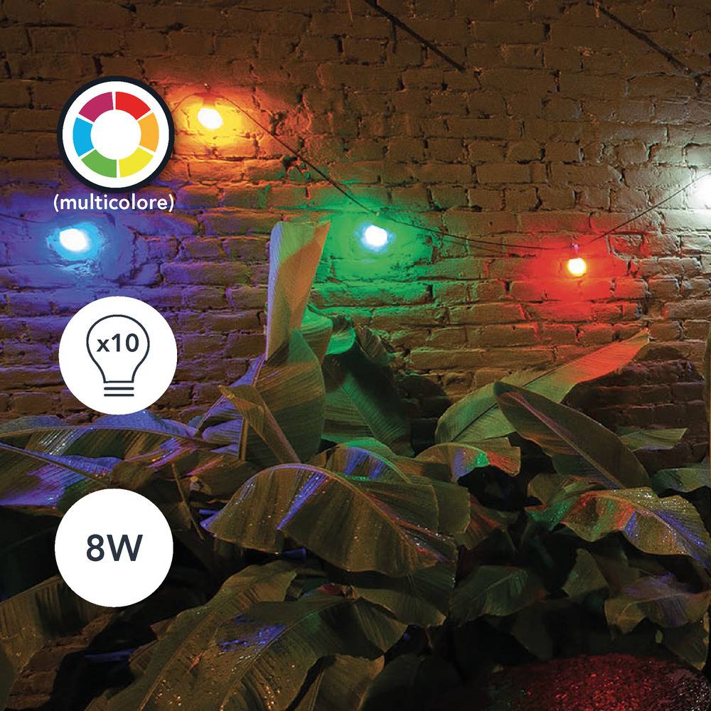 Guirlande Guinguette LED 8m, 10 ampoules multicouleur, 10 x 0,48W, 38 lumens, IP44, RVB - Tibelec-1