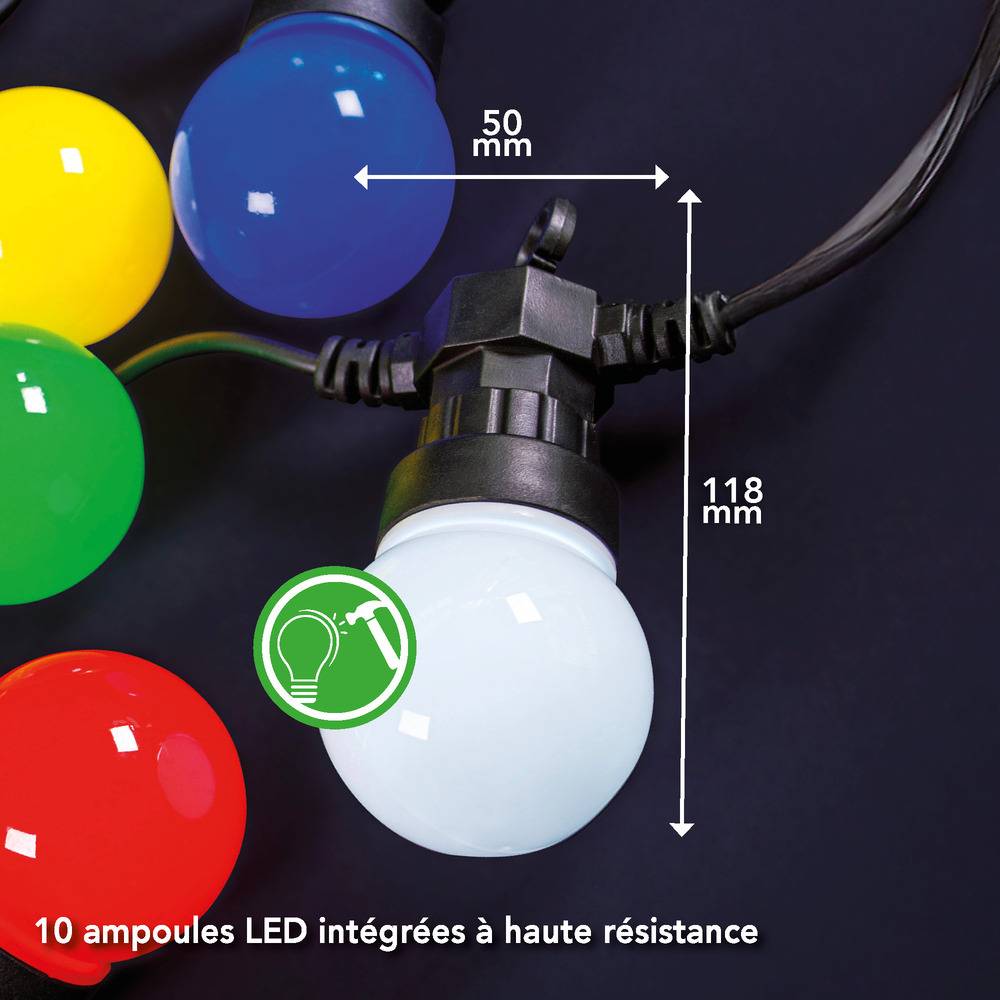 Guirlande Guinguette LED 8m, 10 ampoules multicouleur, 10 x 0,48W, 38 lumens, IP44, RVB - Tibelec-3
