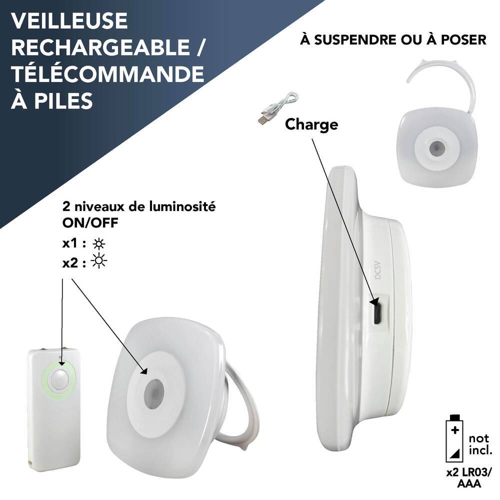 Veilleuse LED rechargeable USB, 0.5W, 18 lumens, 3000K blanc-chaud, avec télécommande, à suspendre ou à poser - Tibelec-3