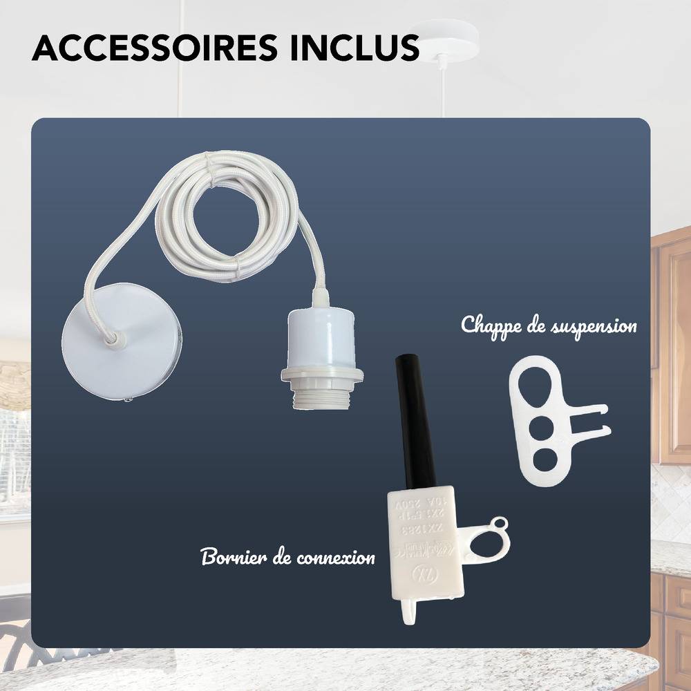 Monture suspension luminaire métal blanche, câble tissu, équipée d'une douille E27 pour abat jour, 60W maxi - Tibelec-1