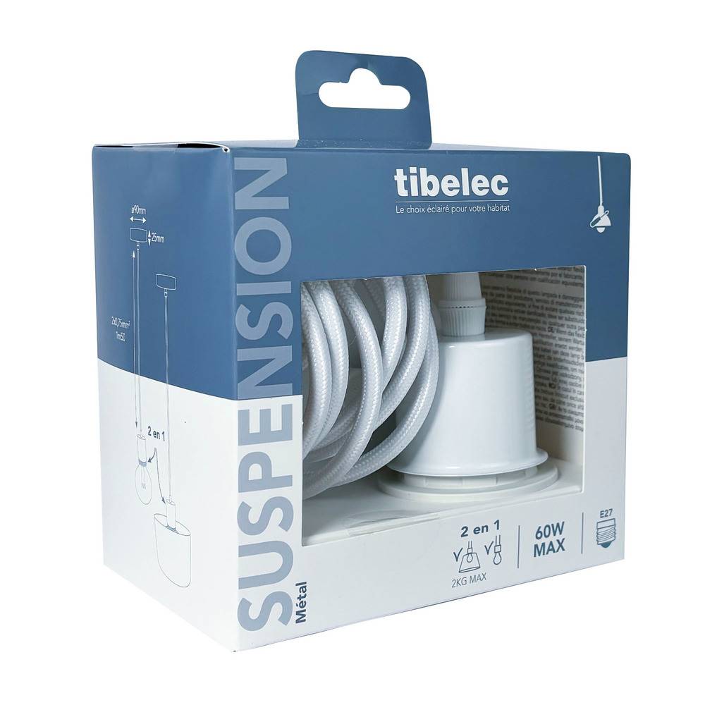 Monture suspension luminaire métal blanche, câble tissu, équipée d'une douille E27 pour abat jour, 60W maxi - Tibelec-2