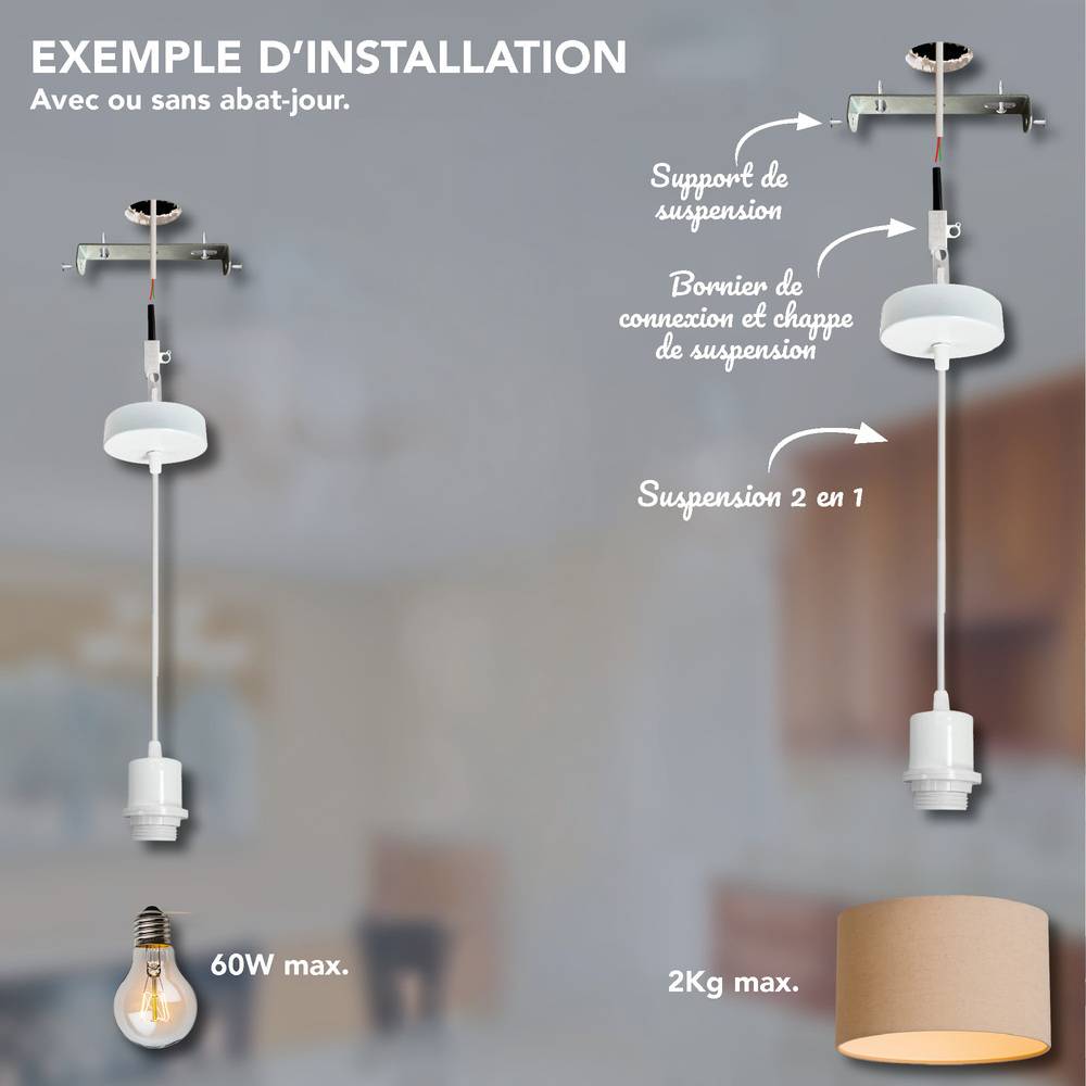 Monture suspension luminaire métal blanche, câble tissu, équipée d'une douille E27 pour abat jour, 60W maxi - Tibelec-3