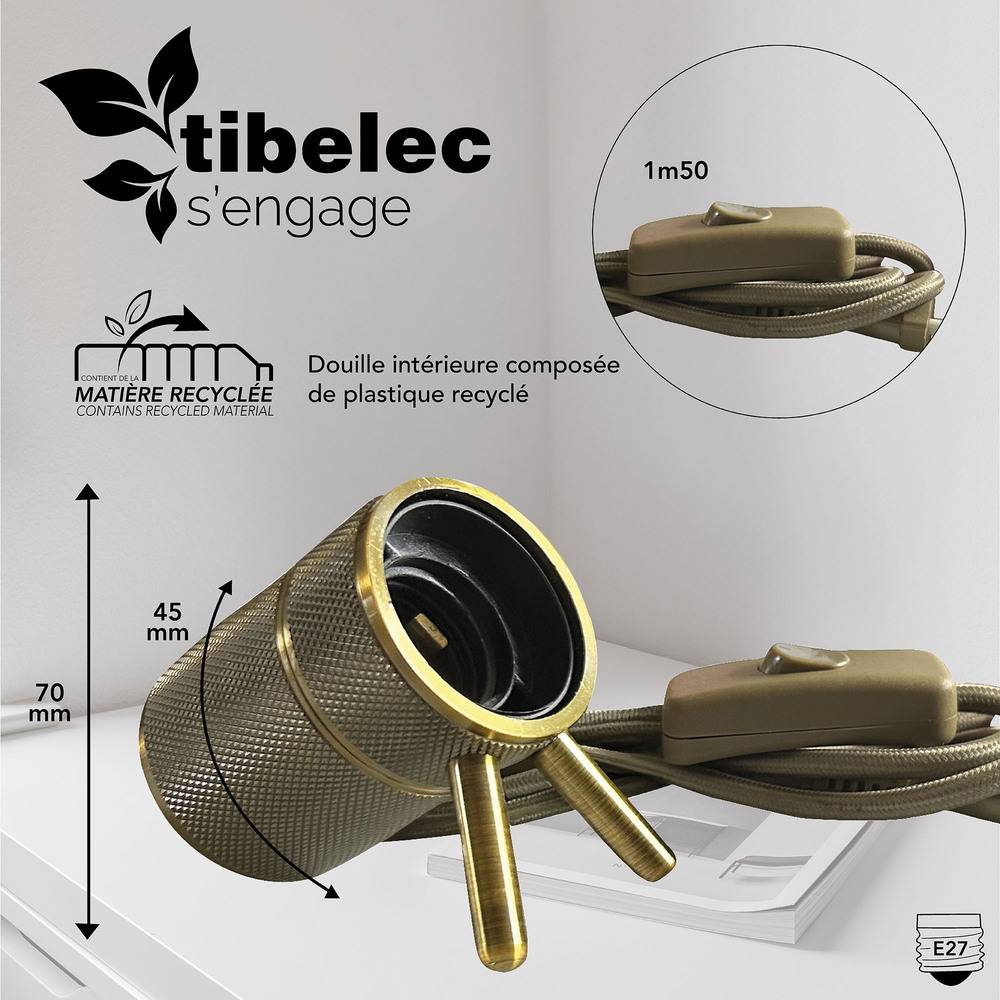 Douille métal E27 dorée précablée à poser, câble en tissu - Tibelec-1