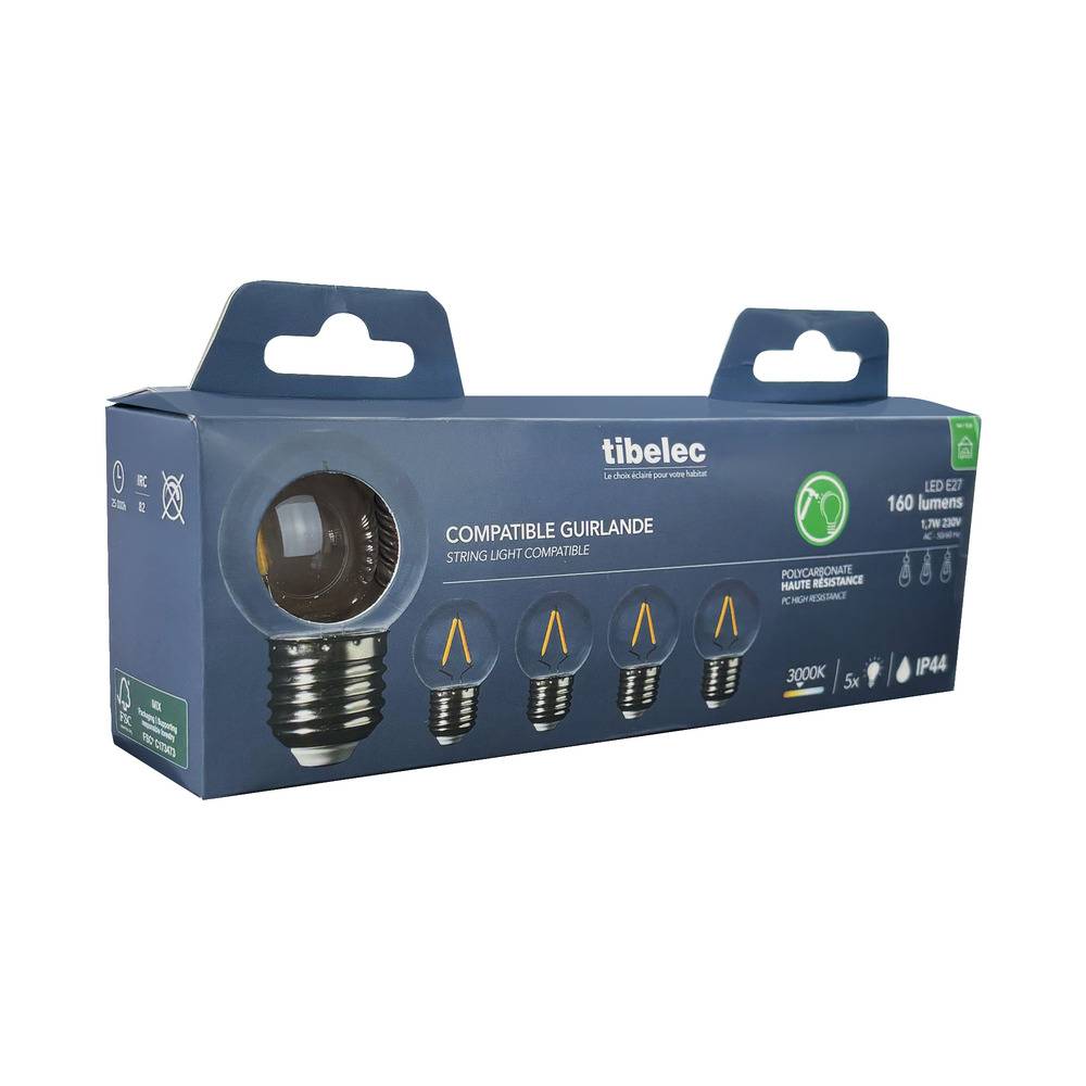 Pack de 5 Ampoules Sphériques LED à Filament 1,7W - 160LM en Plastique, Culot E27 pour Guirlandes Guinguettes- TIBELEC-3