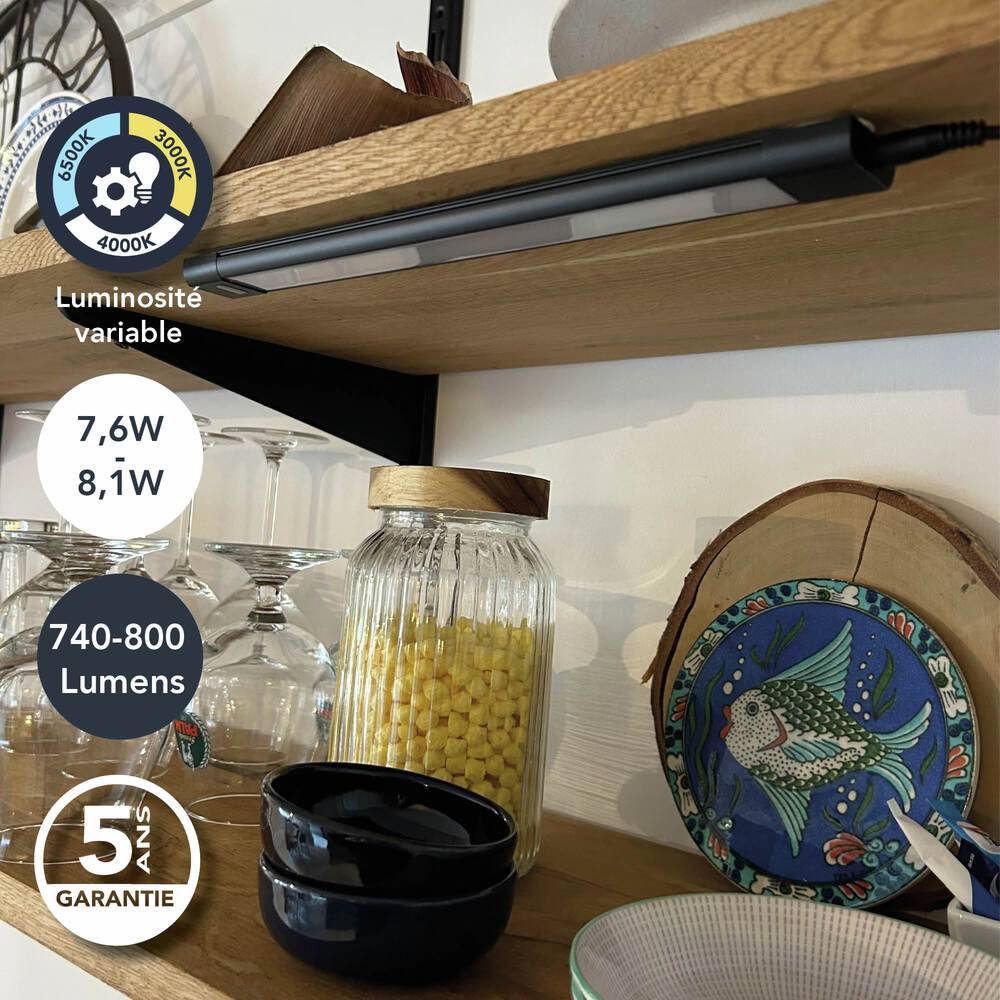 Réglette LED Argent 8W max, 800 lm, intensité variable 3000 à 6500K, inter. infrarouge, garantie 5 ans - Tibelec-1