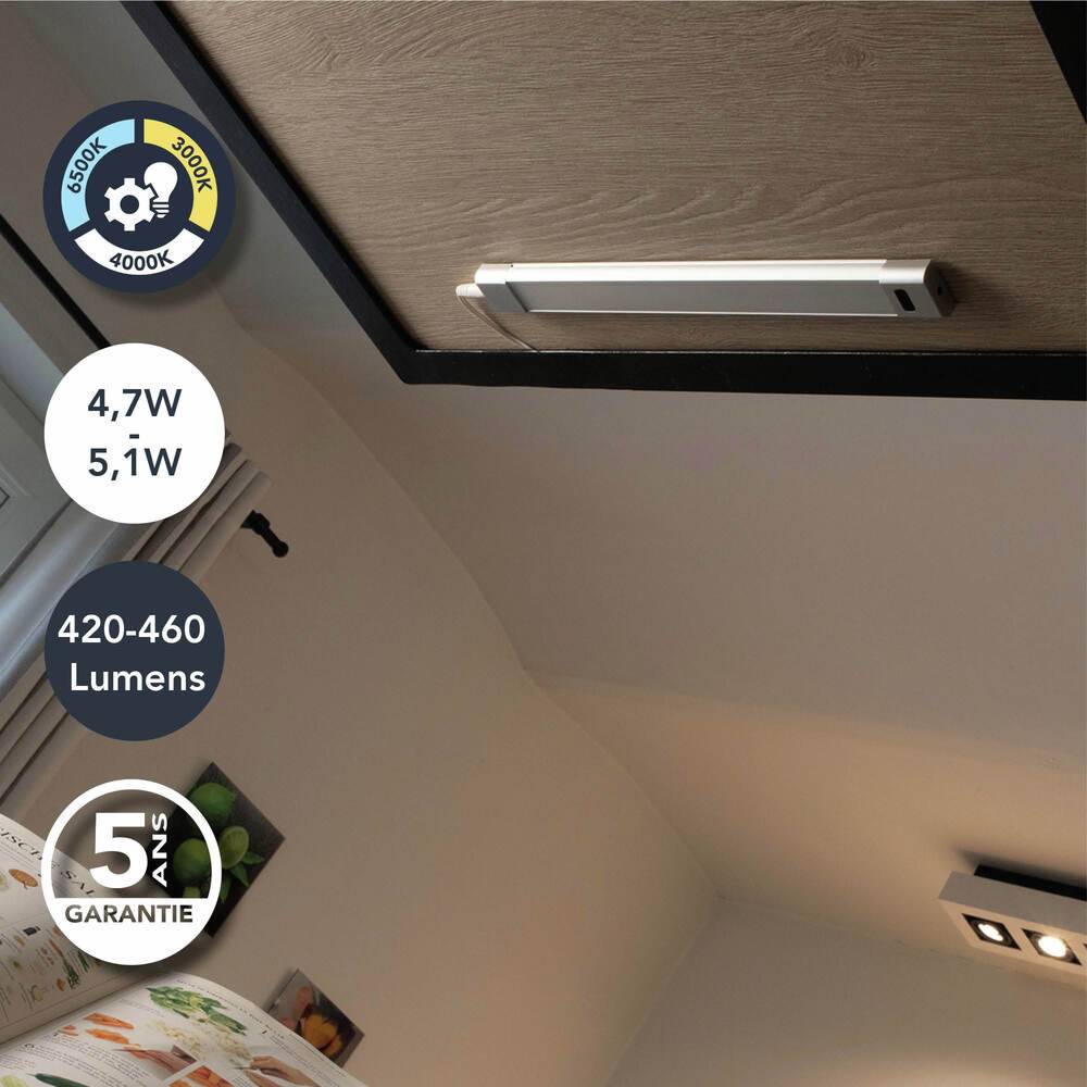 Réglette LED Argent 8W max, 800 lm, intensité variable 3000 à 6500K, inter. infrarouge, garantie 5 ans - Tibelec-2