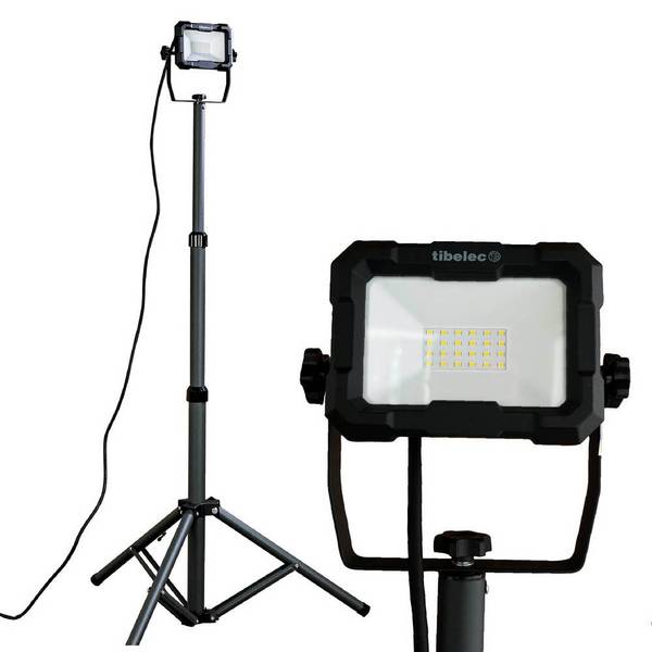 Projecteur LED de chantier filaire sur pied télescopique 20W, 1800 lumens, IP65, IK07, 4000K, garantie 3 ans - Tibelec