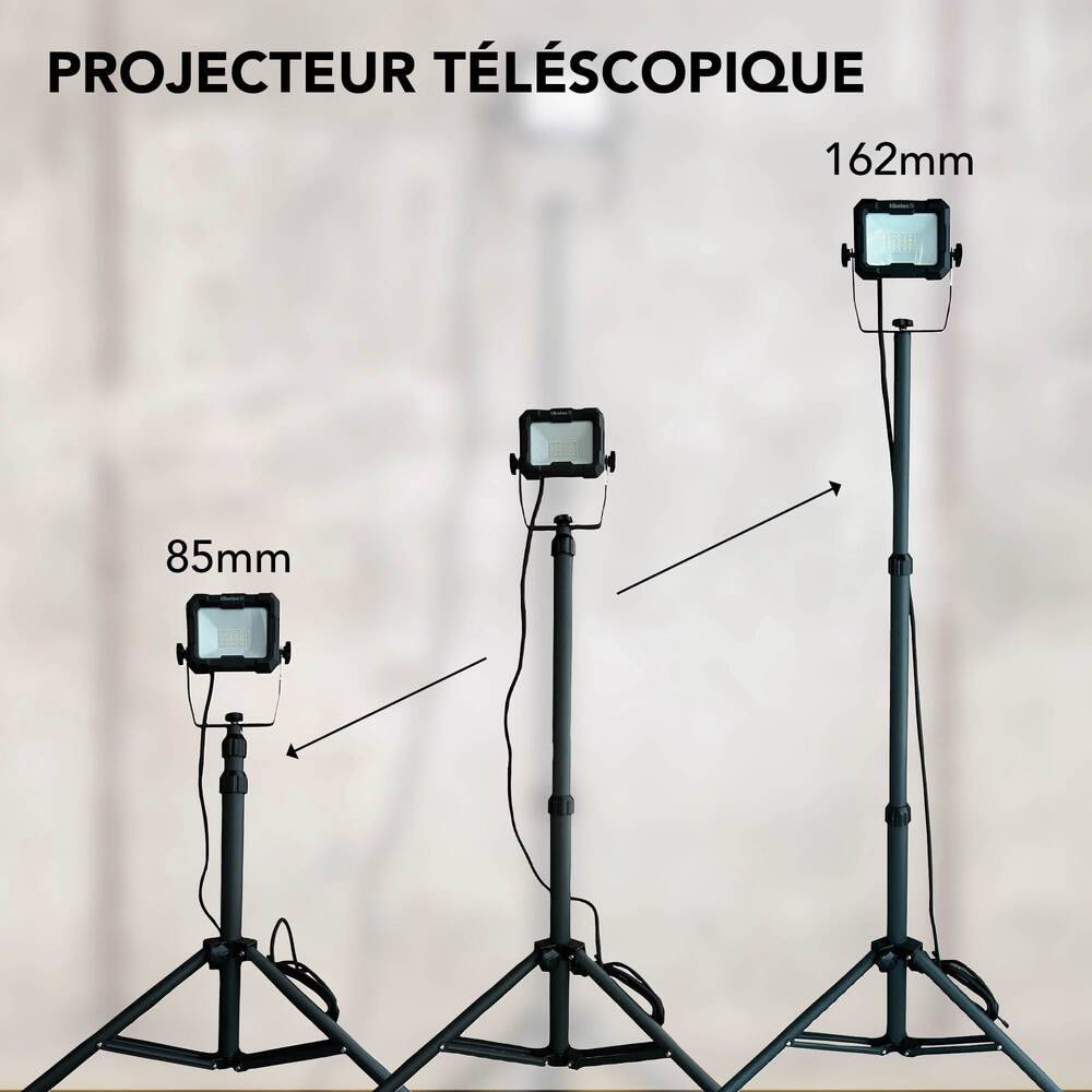 Projecteur LED de chantier filaire sur pied télescopique 20W, 1800 lumens, IP65, IK07, 4000K, garantie 3 ans - Tibelec-1