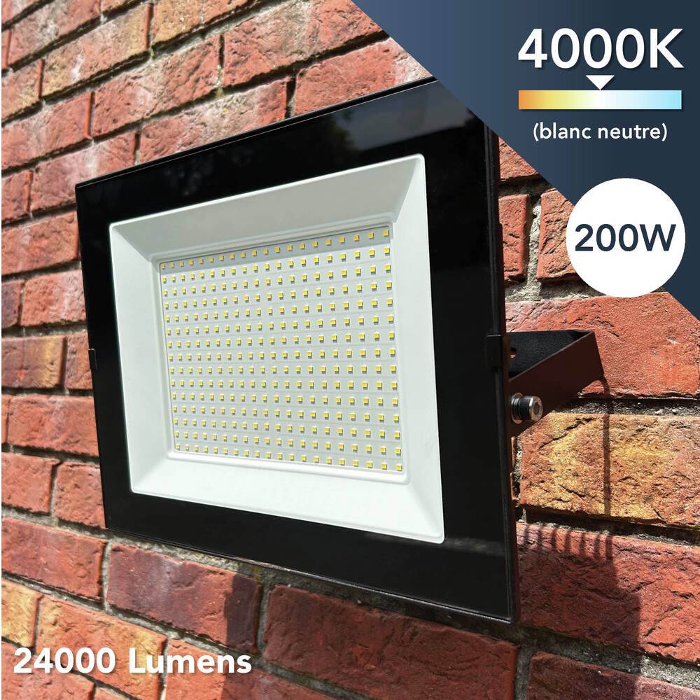 Projecteur LED Noir 200W, 24000 lumens, IP65, 4000K Blanc-neutre, connecteur rapide, fixation orientable 3D - Tibelec-3