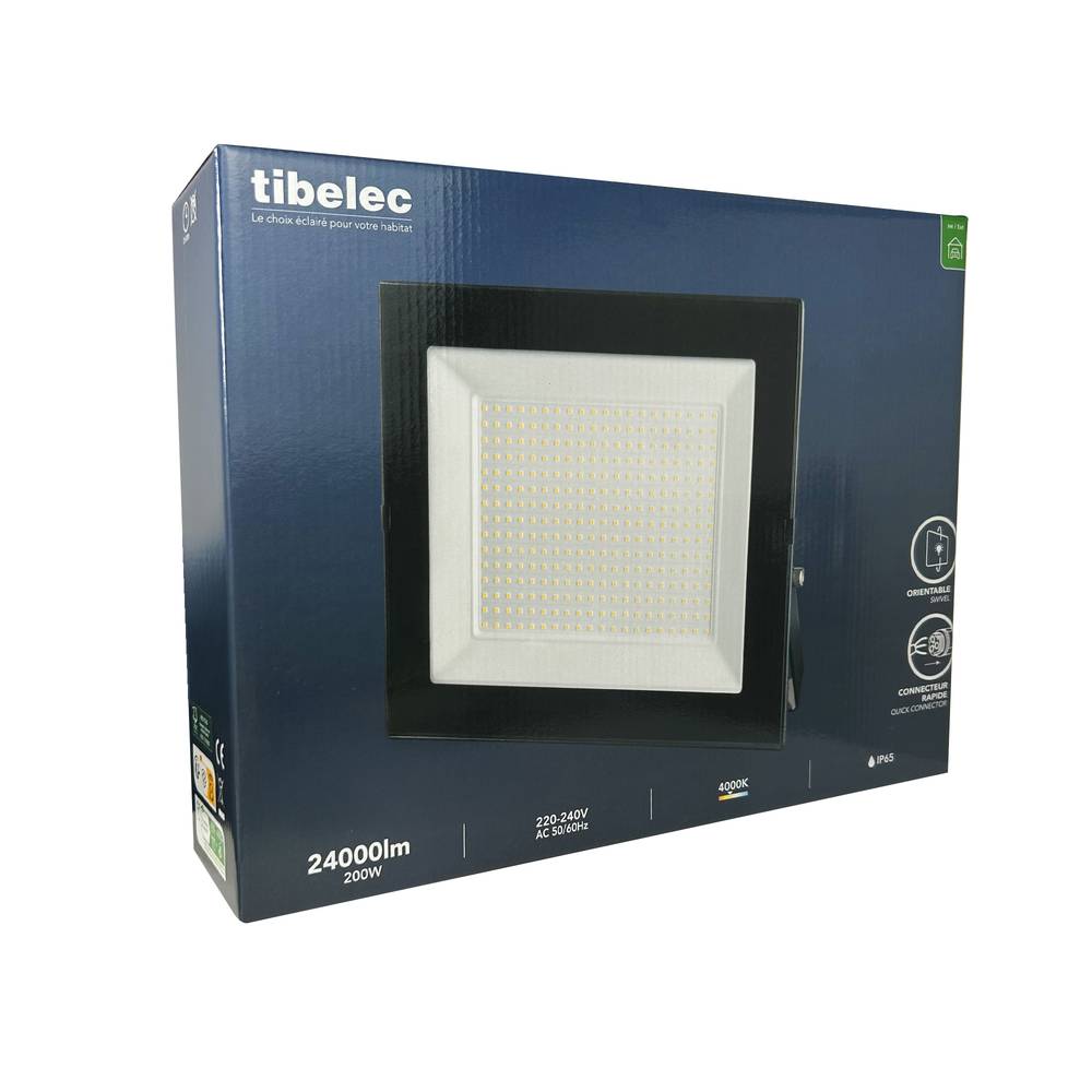 Projecteur LED Noir 200W, 24000 lumens, IP65, 4000K Blanc-neutre, connecteur rapide, fixation orientable 3D - Tibelec-4