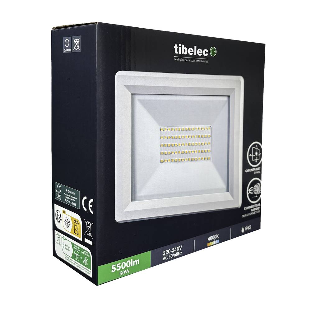 Projecteur LED Blanc 50W, 5500 lumens, IP65, 4000K Blanc-neutre, connecteur rapide, fixation orientable 3D - Tibelec-4