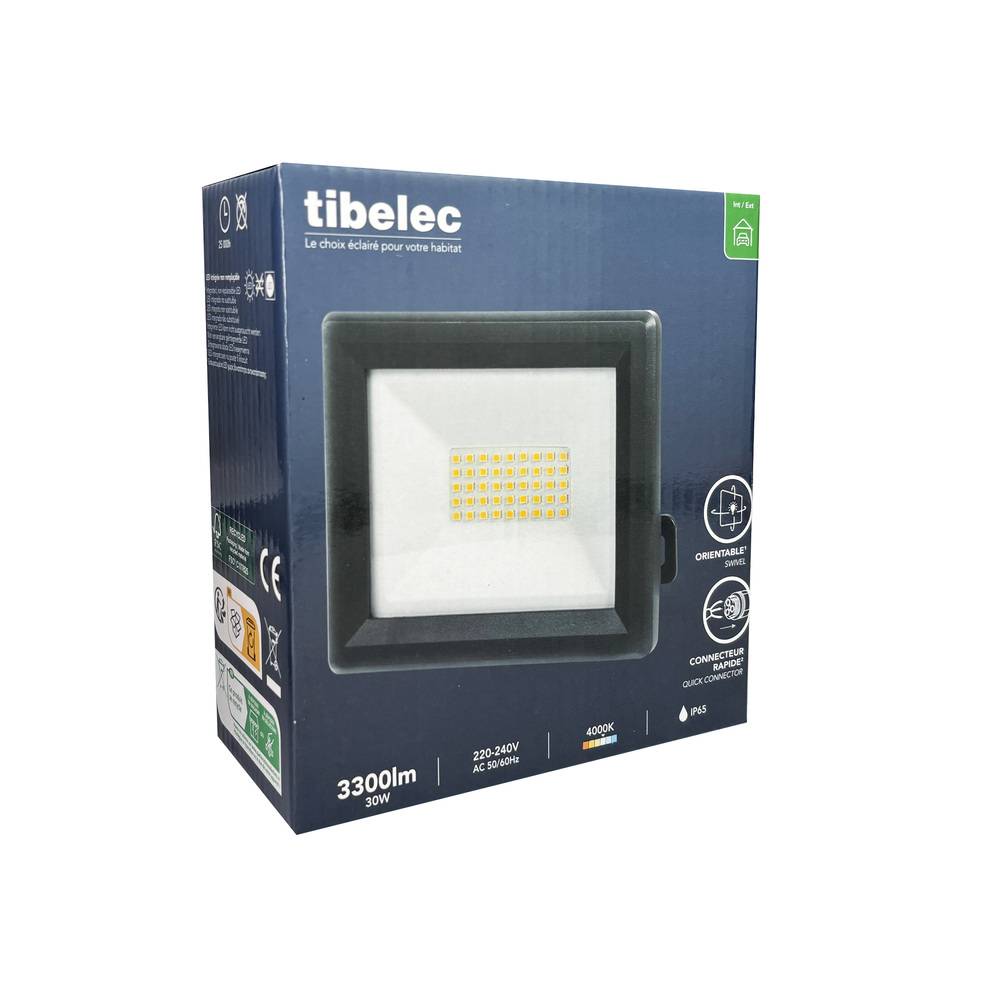 Projecteur LED Noir 30W, 3300 lumens, IP65, 4000K Blanc-neutre, connecteur rapide, fixation orientable 3D - Tibelec-4