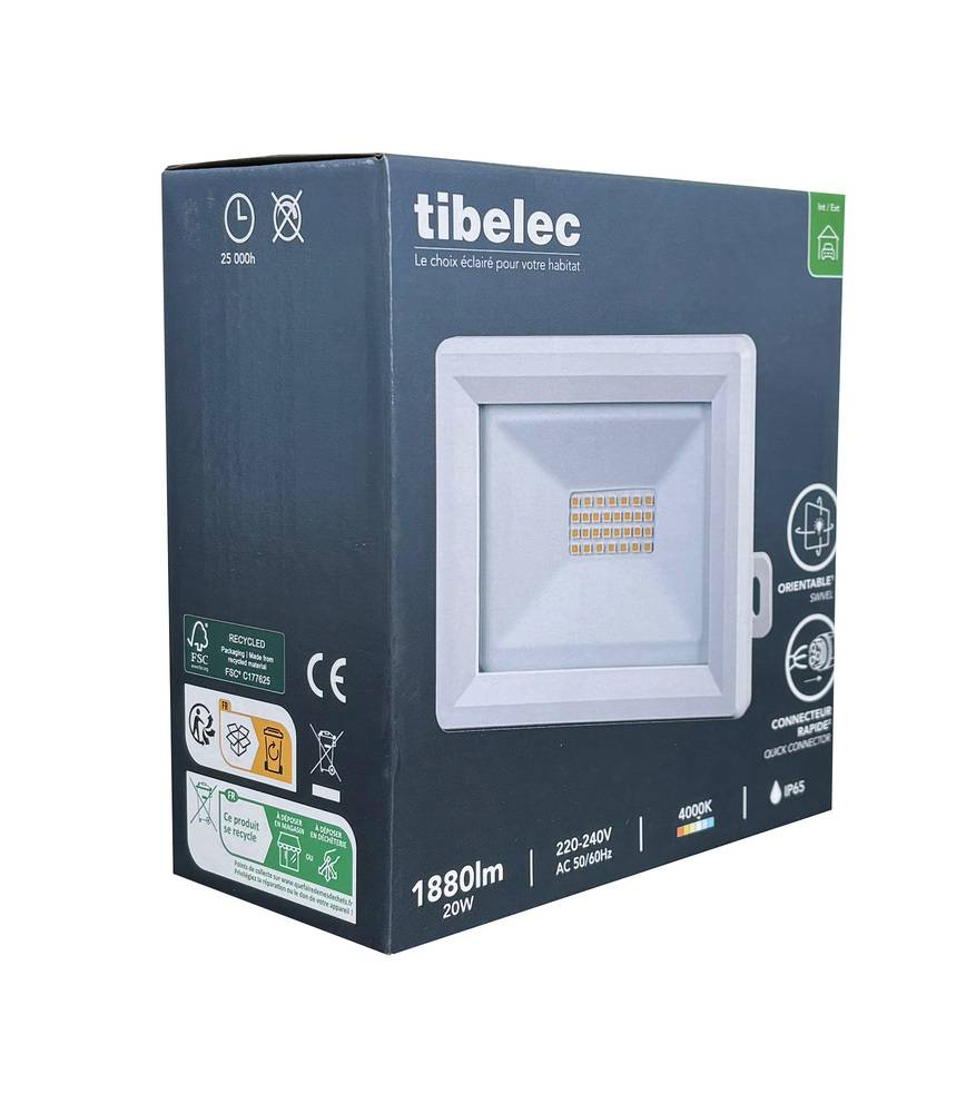 Projecteur LED Blanc 20W, 1880 lumens, IP65, 4000K Blanc-neutre, connecteur rapide, fixation orientable 3D - Tibelec-4