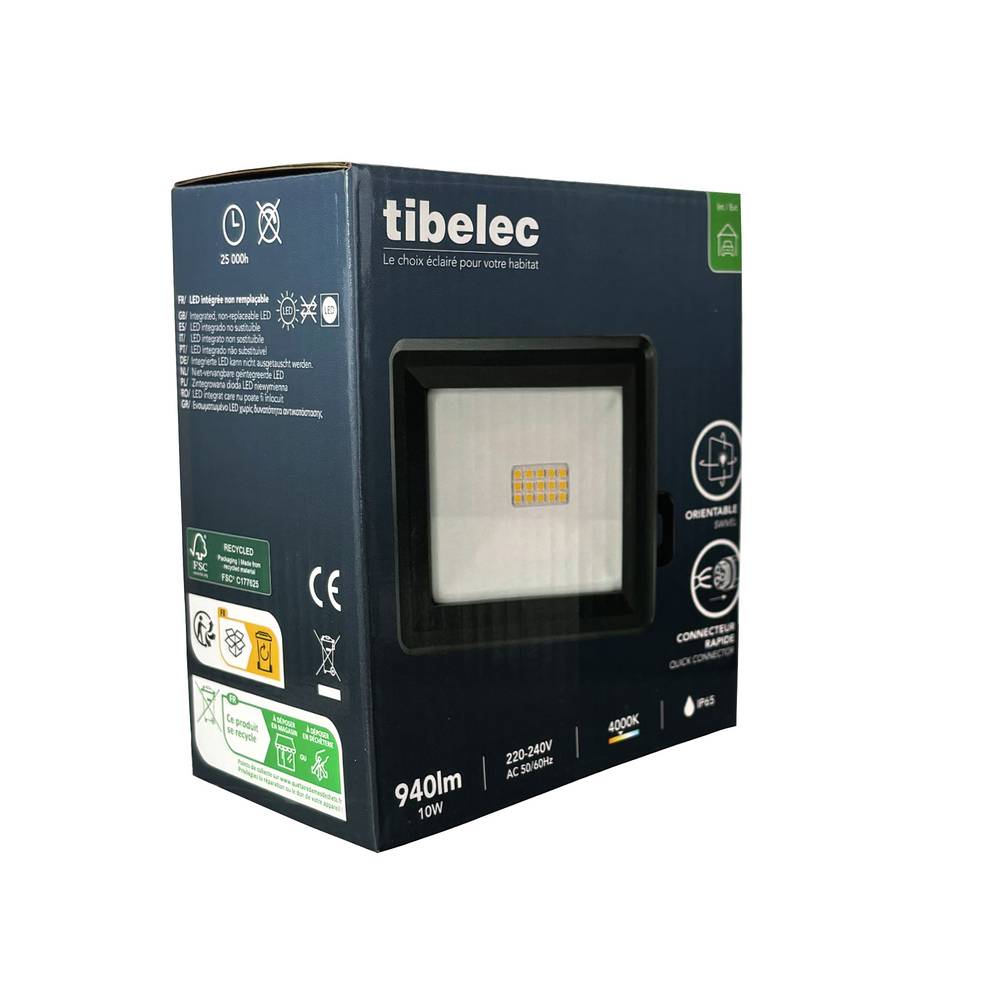 Projecteur LED Noir 10W, 940 lumens, IP65, 4000K Blanc-neutre, connecteur rapide, fixation orientable 3D - Tibelec-4