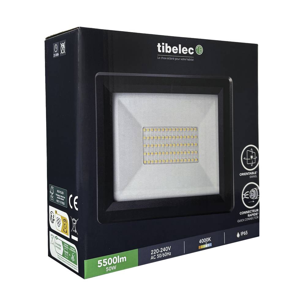 Projecteur LED Noir 50W, 5500 lumens, IP65, 4000K Blanc-neutre, connecteur rapide, fixation orientable 3D - Tibelec-4