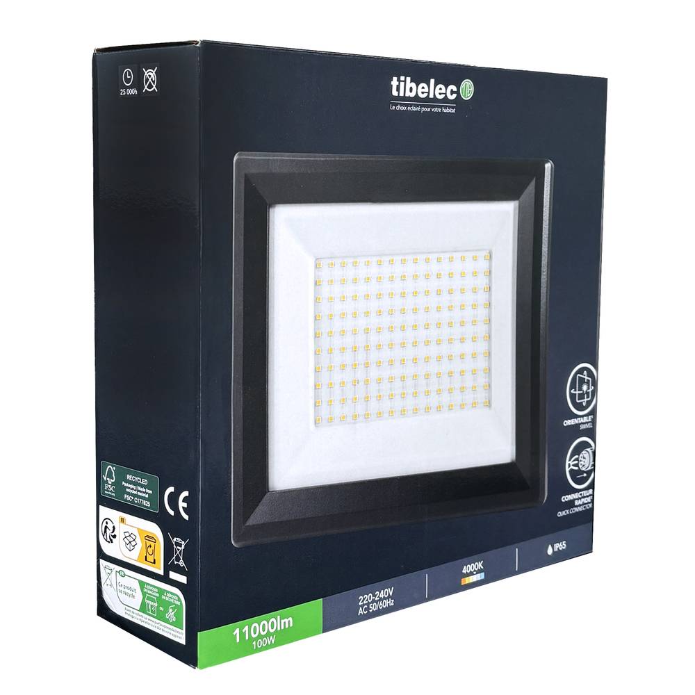 Projecteur LED Noir 100W, 11000 lumens, IP65, 4000K Blanc-neutre, connecteur rapide, fixation orientable 3D - Tibelec-4