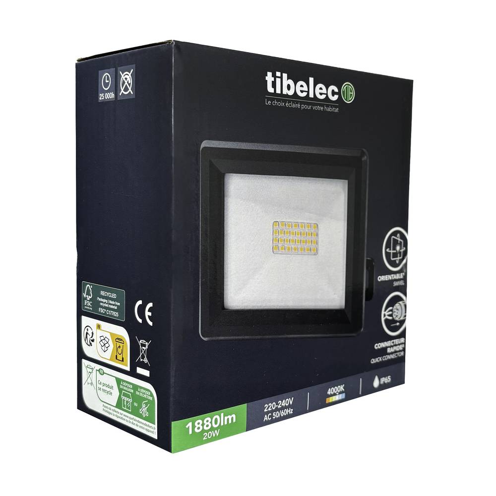 Projecteur LED Noir 20W, 1880 lumens, IP65, 4000K Blanc-neutre, connecteur rapide, fixation orientable 3D - Tibelec-4