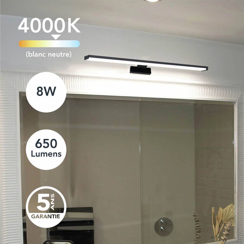 Réglette Miroir LED Noir 8W, 650 lumens, IP44, 4000K, bornier de connexion intégré, garantie 5 ans - Tibelec-1