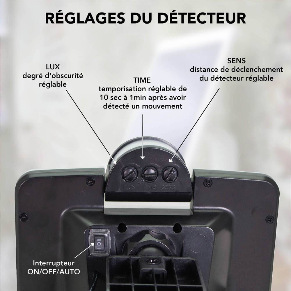 Projecteur Solaire LED Noir 11W 1400lm IP54 4000K détecteur de mouvement Inter 3 positions On/Off/Auto panneau amovible-1