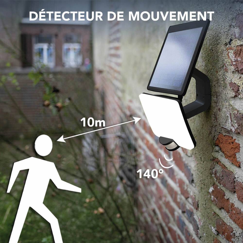 Projecteur Solaire LED Noir 11W 1400lm IP54 4000K détecteur de mouvement Inter 3 positions On/Off/Auto panneau amovible-2