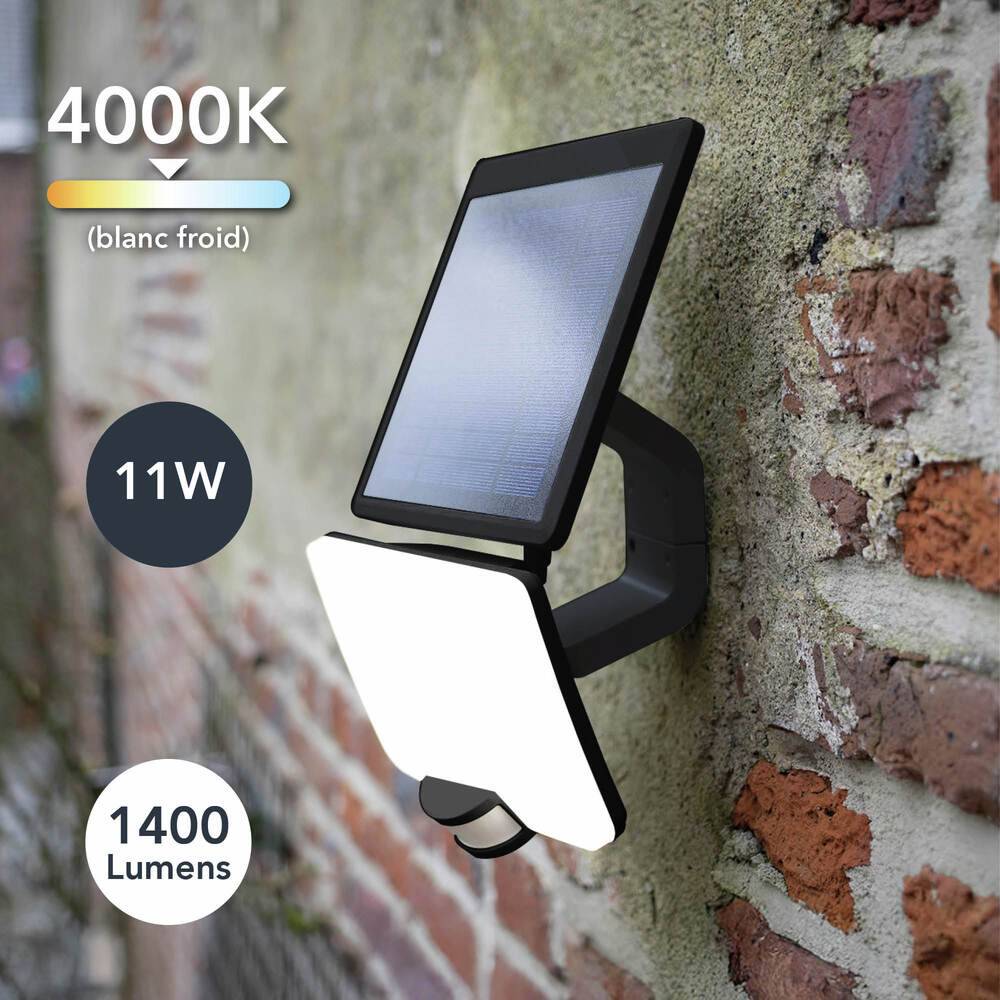 Projecteur Solaire LED Noir 11W 1400lm IP54 4000K détecteur de mouvement Inter 3 positions On/Off/Auto panneau amovible-4