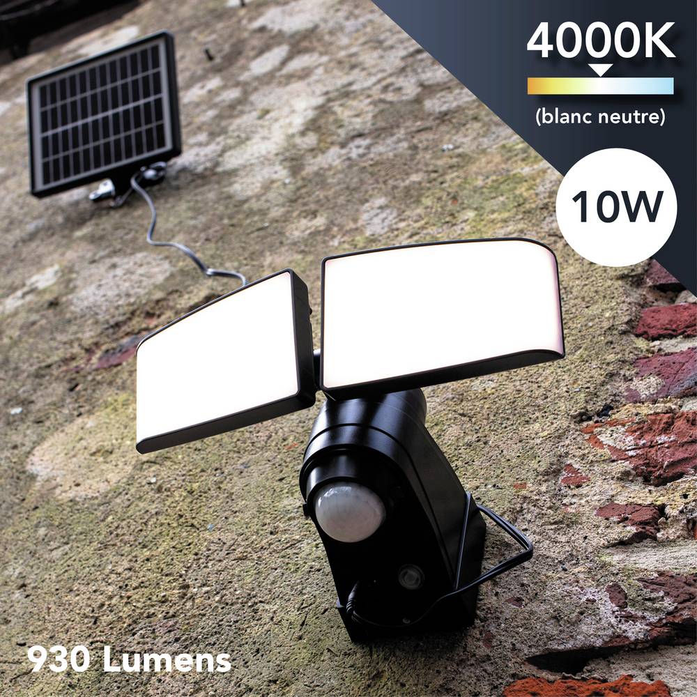 Projecteur Solaire LED Noir 2 têtes orientables 10W 685lm IP44 4000K détecteur de mouvement panneau déporté-2