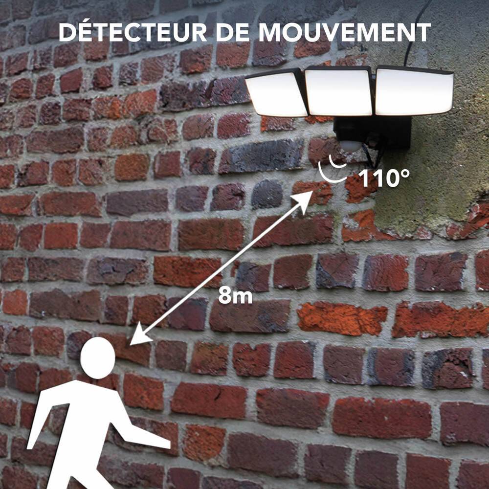 Projecteur Solaire LED Noir 3 têtes orientables 15W 930lm IP44 4000K détecteur de mouvement panneau déporté-2