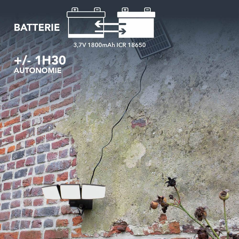 Projecteur Solaire LED Noir 3 têtes orientables 15W 930lm IP44 4000K détecteur de mouvement panneau déporté-3