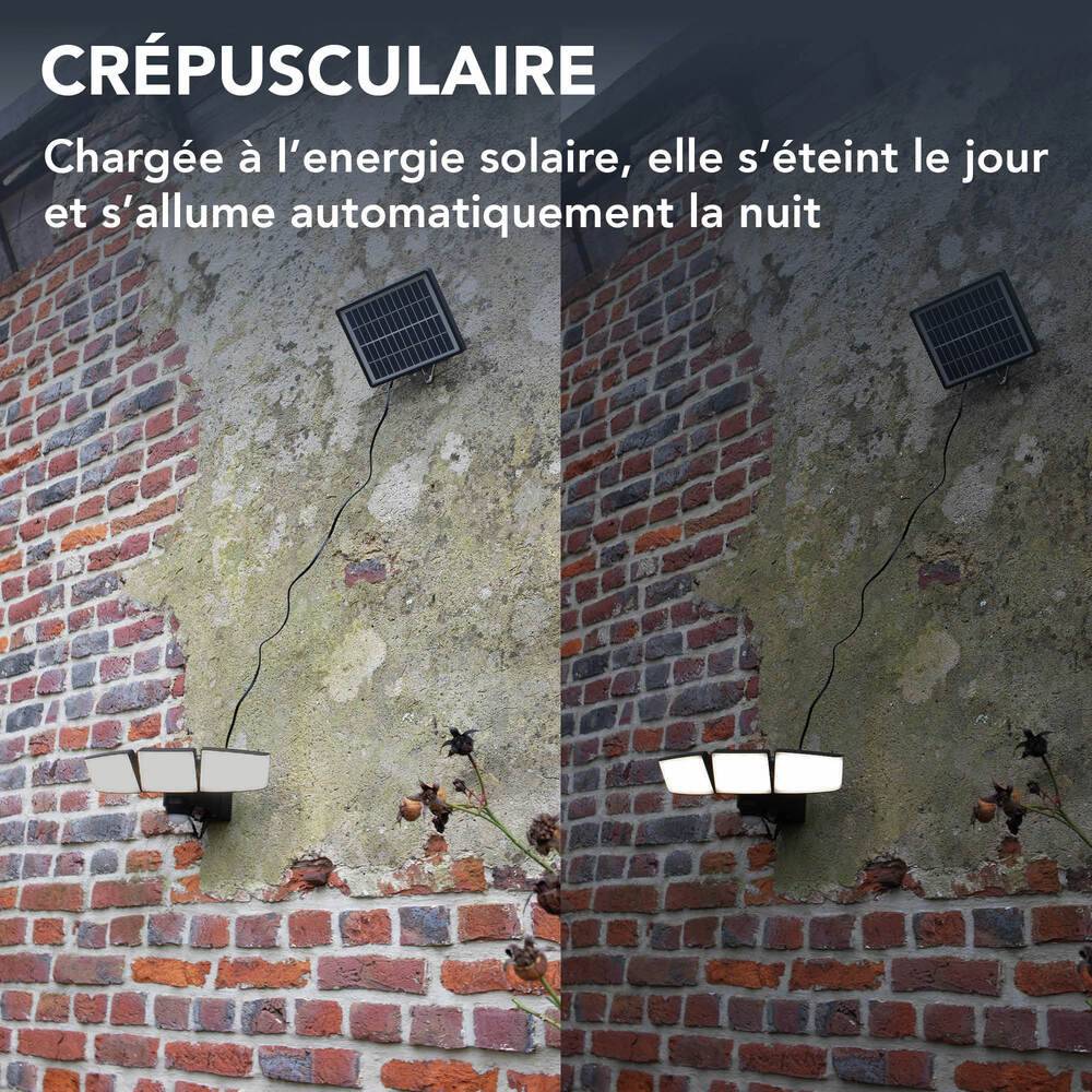 Projecteur Solaire LED Noir 3 têtes orientables 15W 930lm IP44 4000K détecteur de mouvement panneau déporté-4