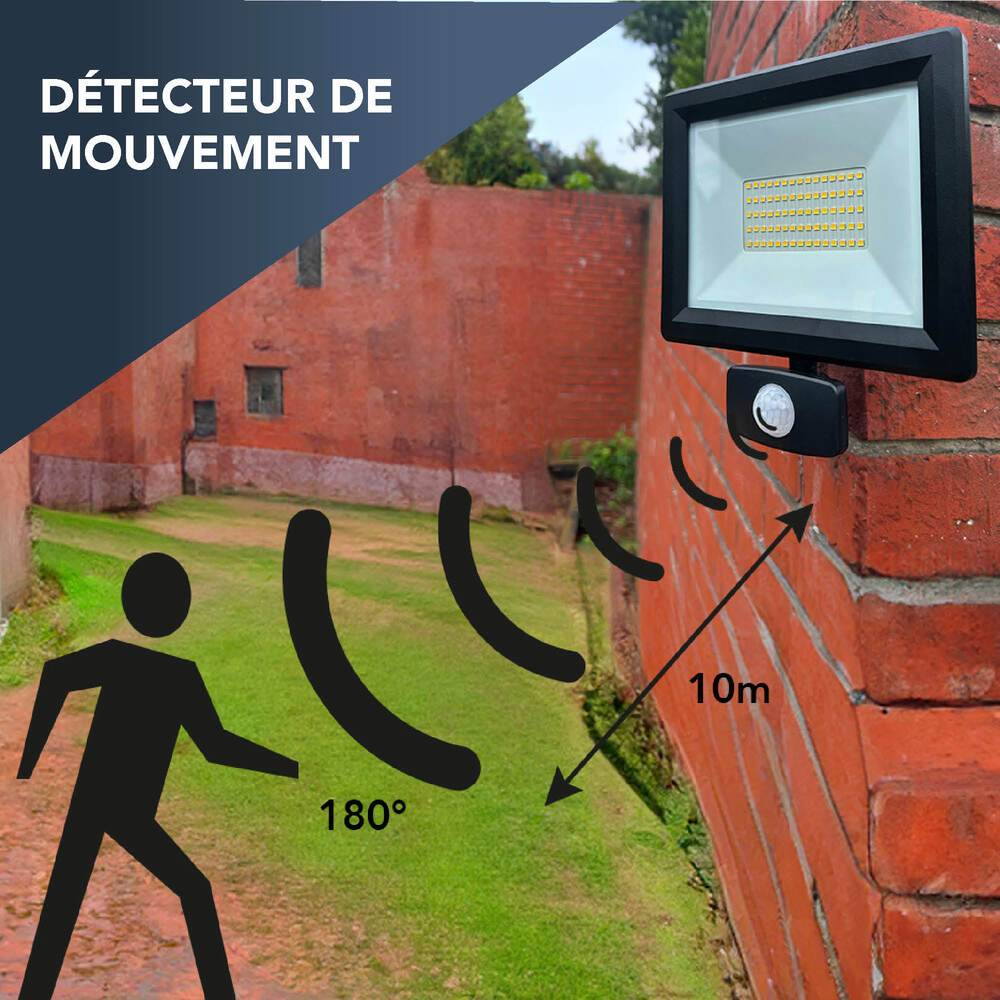 Projecteur LED Blanc 50W 5500lmIP65 4000K détecteur de mouvement 3 réglages fixation orientable 3D-4