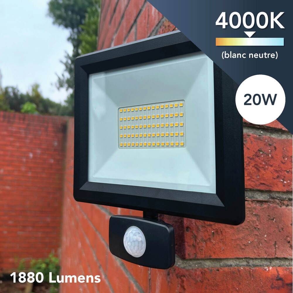Projecteur LED Noir 20W 1880lm IP65 4000K détecteur de mouvement 3 réglages fixation orientable 3D-4