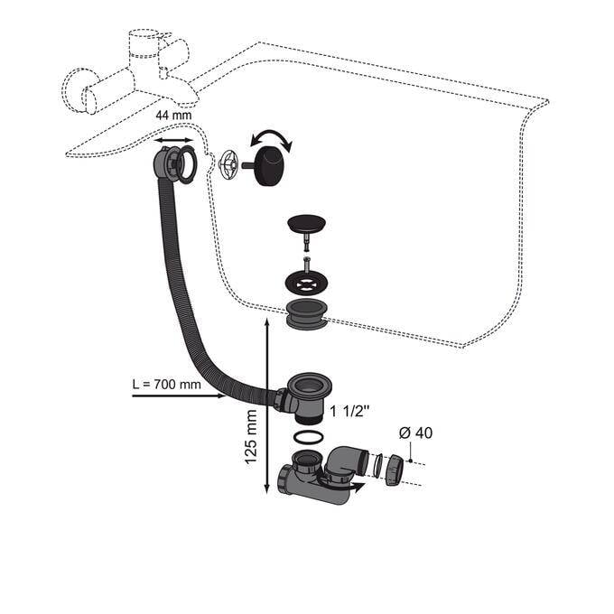 Wirquin Vidage baignoire à câble 700mm siphon orientable clapet ABS - noir mat-1