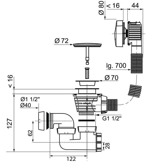 Wirquin Vidage baignoire à câble 700mm siphon orientable clapet ABS - noir mat-2