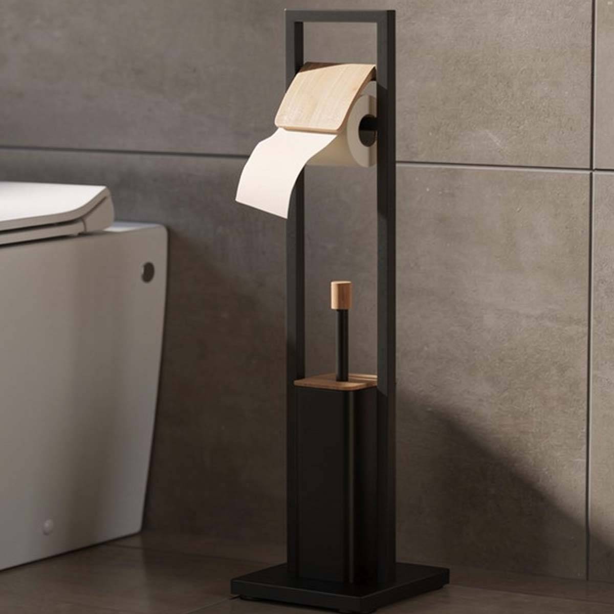 Porte-Papiers Toilette Autoportant Stable avec Brosse Intégrée-2