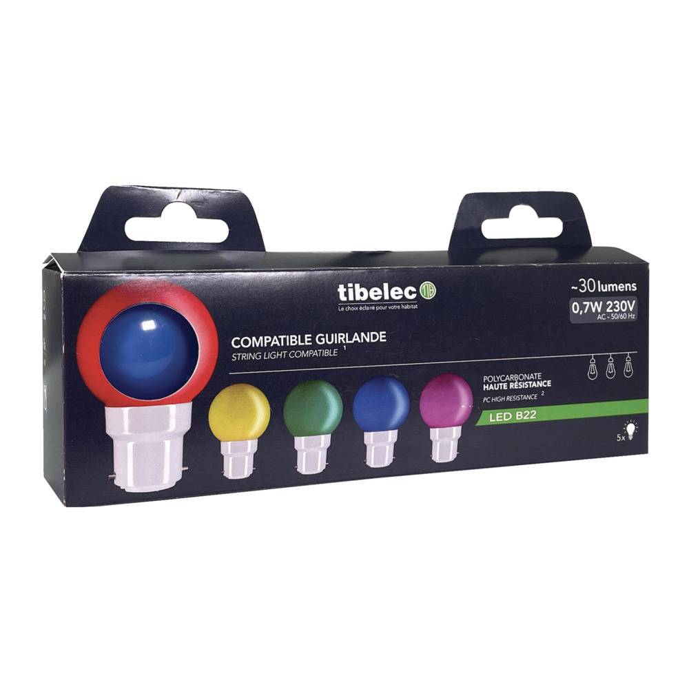 Pack de 5 Ampoules LED Sphériques 07W - 30LM Plastique Haute Résistance Multicolore Idéales pour Guirlandes B22-3