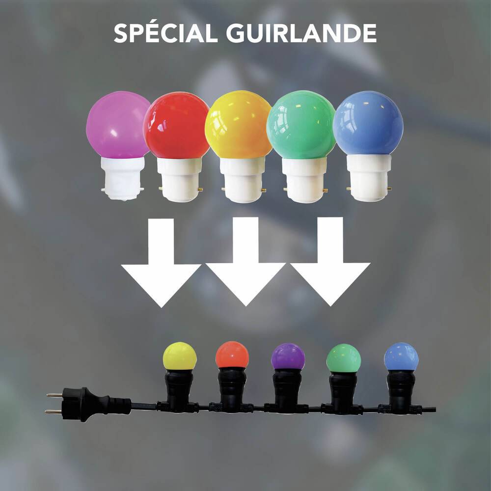 Pack de 5 Ampoules LED Sphériques 07W - 30LM Plastique Haute Résistance Multicolore Idéales pour Guirlandes B22-4