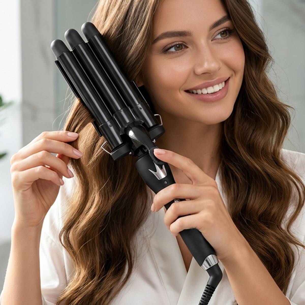 Fer à Boucler Électrique 3 Tubes Multifonction 70W pour Cheveux Humides ou Secs-2