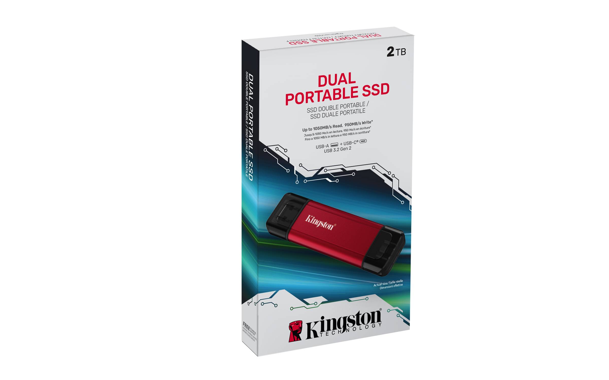 Kingston Technology 2TB Dual USB-A/C Portable SSD, Up to 1050MB/s USB 3.2 Gen 2, 2 To, USB Type-A / USB Type-C, 3.2 Gen-4