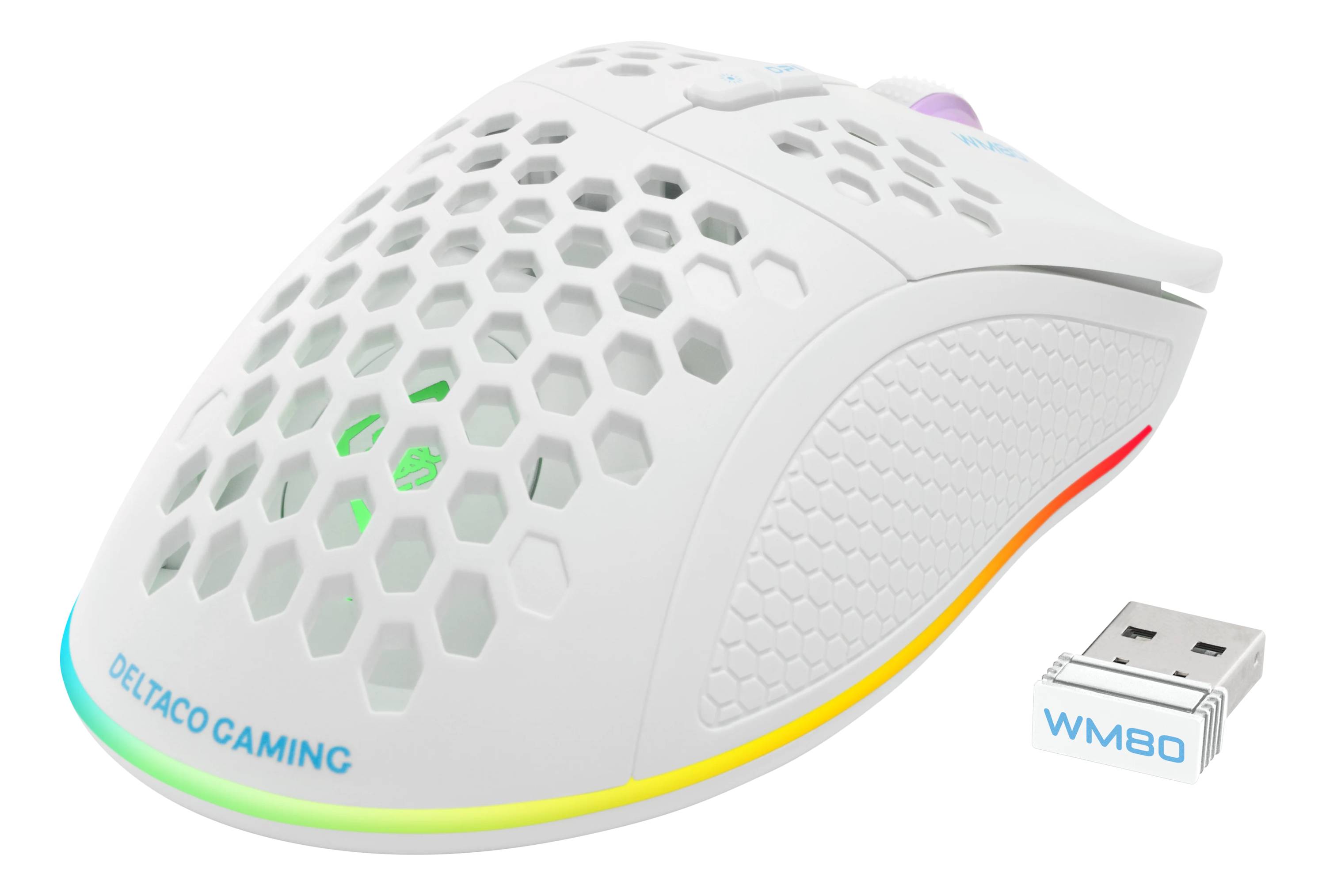 Deltaco Gaming GAM-120-W, Droitier, Optique, RF Wireless + Bluetooth + USB Type-A, 4800 DPI, 1 ms, Blanc-1