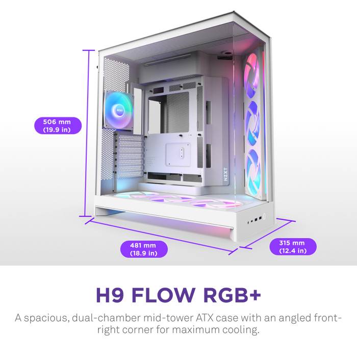 NZXT H9 Flow RGB+, Midi Tower, PC, Blanc, ATX, EATX, micro ATX, Mini-ITX, Mesh, SGCC, Verre trempé, 16,5 cm-1