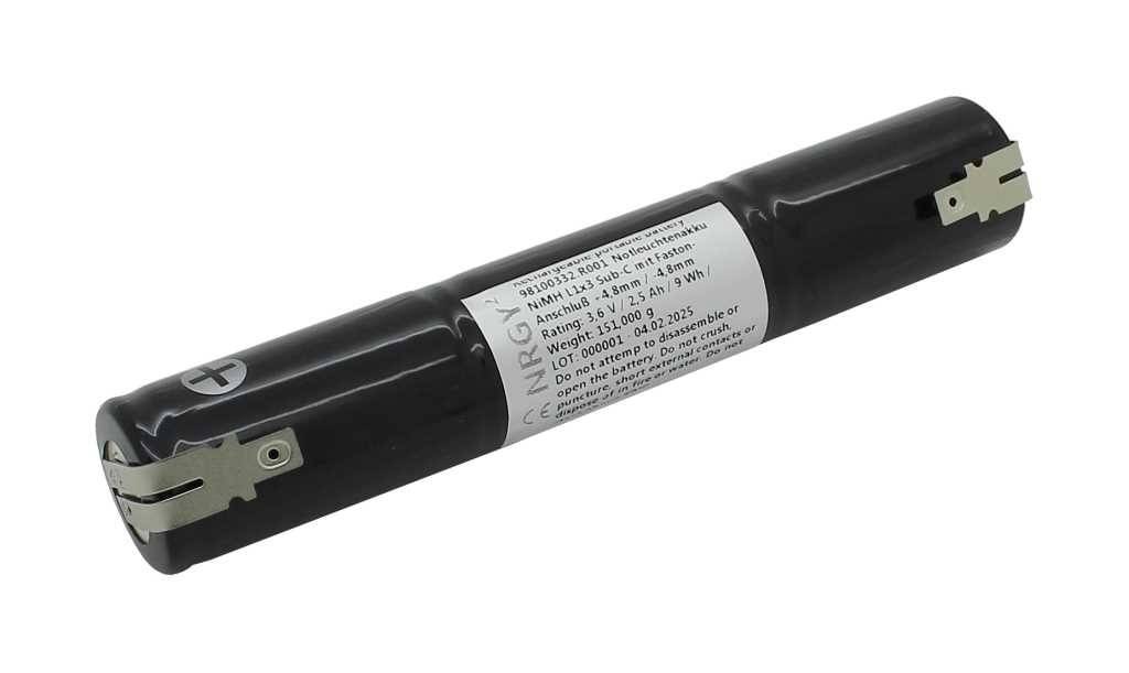 Batterie d'éclairage de secours NiMH 3,6 V 2500 mAh L1x3 Sub-C avec connecteur Faston +4,8 mm / -4,8 mm, remplace...-0