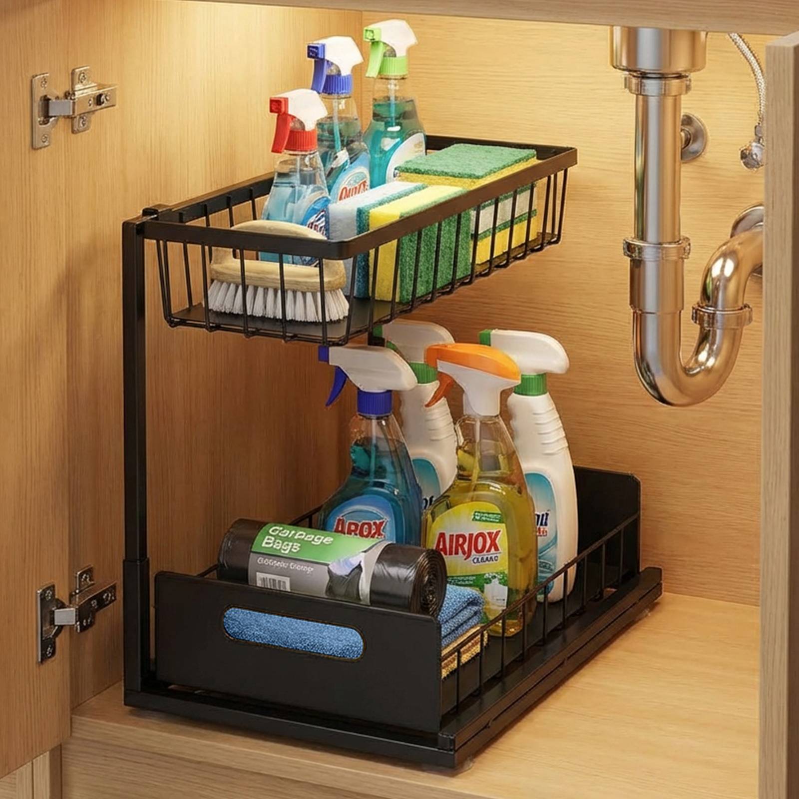 Rangement Sous Évier en Métal Multi-Usages 2 Niveaux Amovible-2
