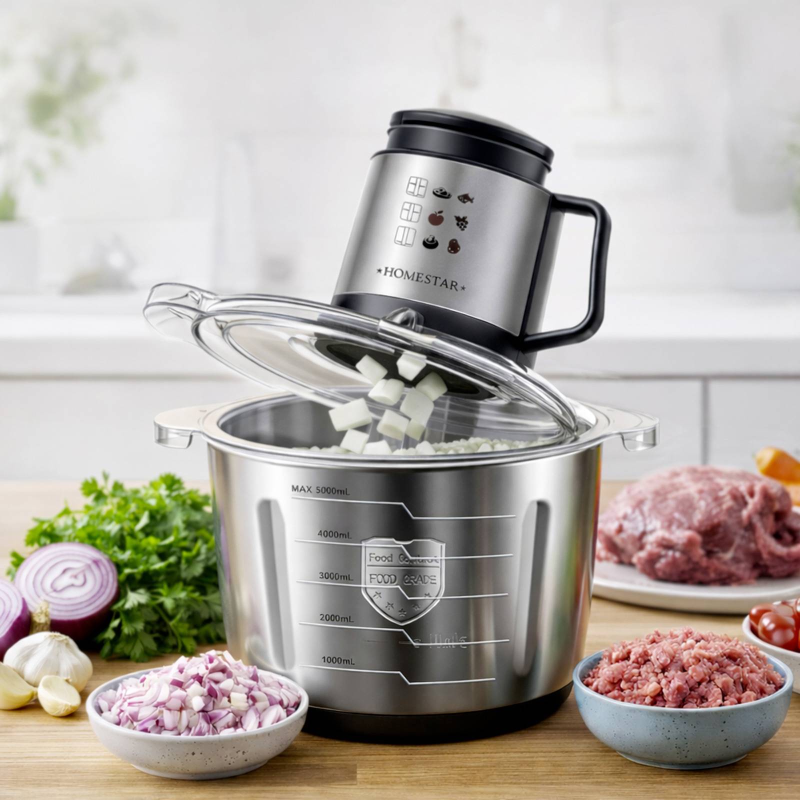 Hachoir Électrique 5 L en Inox pour Viande et Légumes Hachage Rapide-2