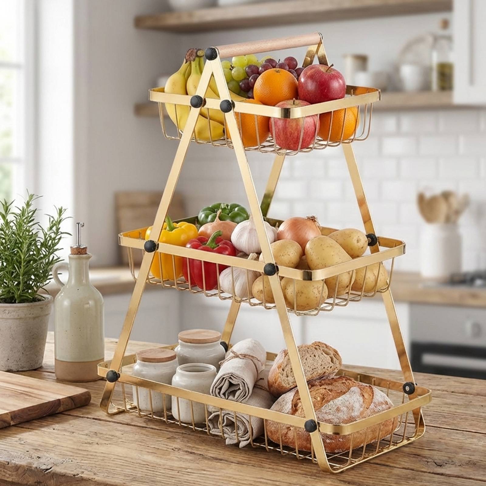 Panier à Fruits et Légumes 3 Étages Inoxydable avec Poignée en Bois-2