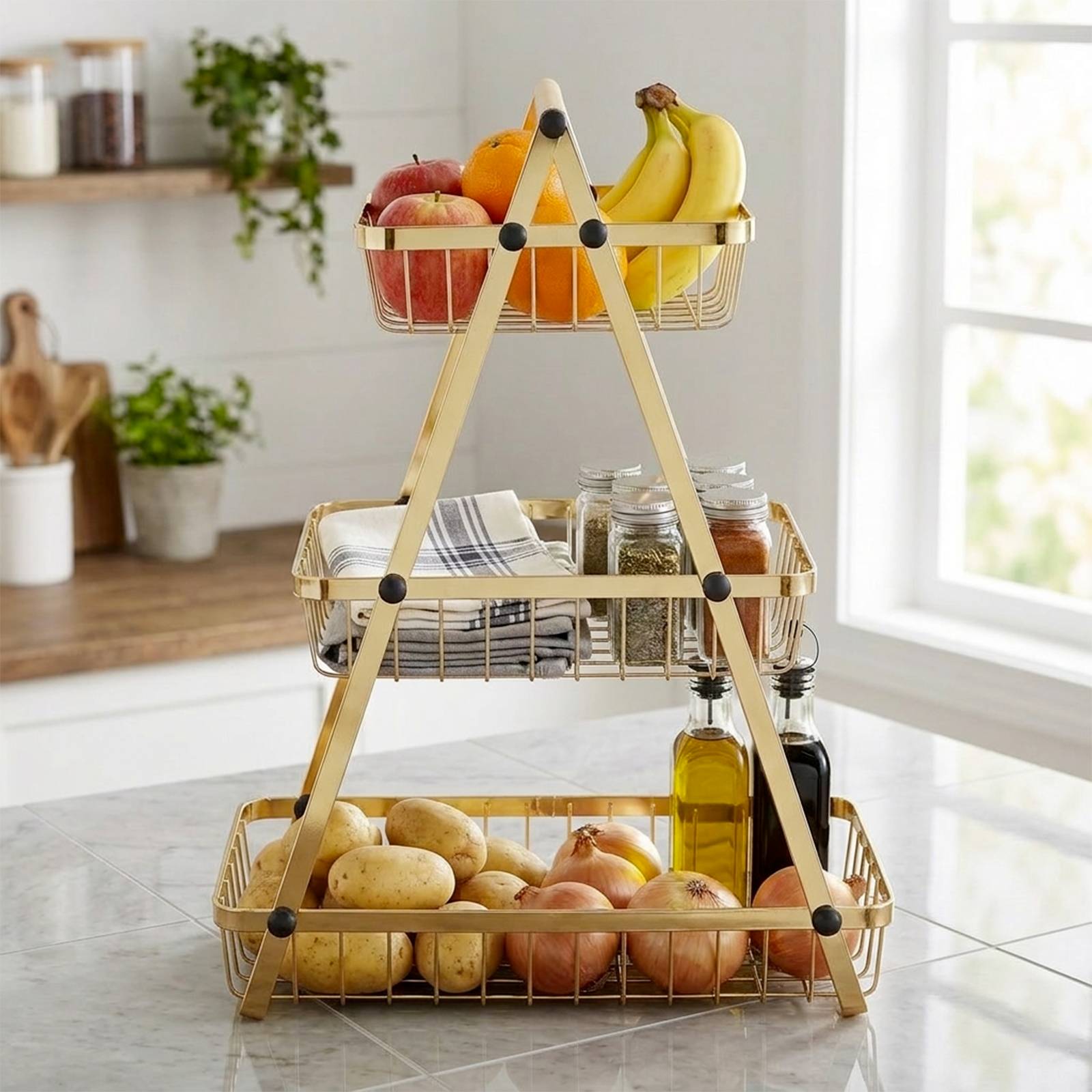 Panier à Fruits et Légumes 3 Étages Inoxydable avec Poignée en Bois-3