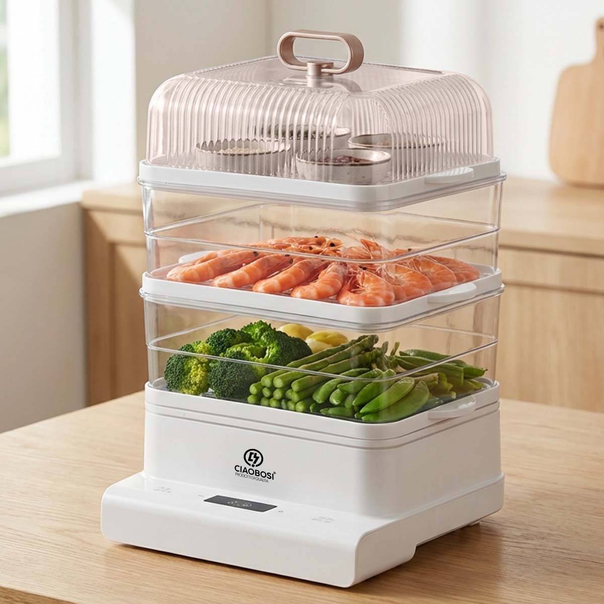 Cuiseur Vapeur Electrique 800W avec 3 Étages et Capacité Total 10L-2