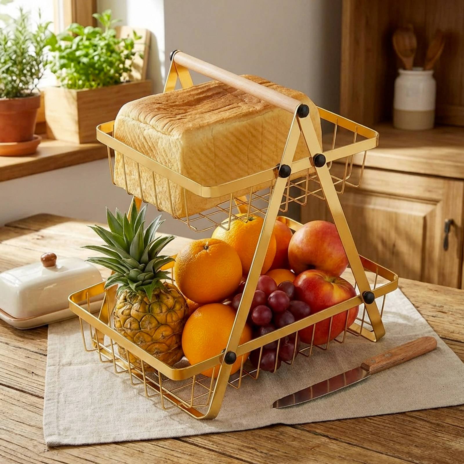 Panier à Fruits et Légumes 2 Étages Inoxydable avec Poignée en Bois-2