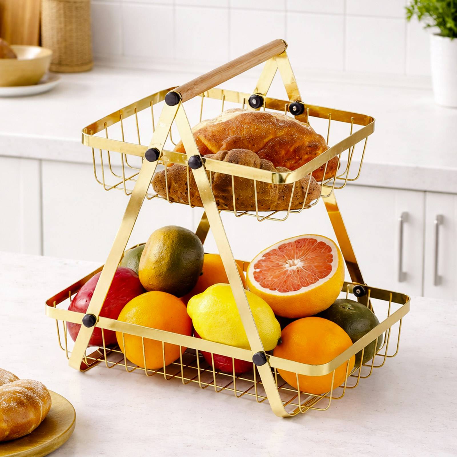 Panier à Fruits et Légumes 2 Étages Inoxydable avec Poignée en Bois-3